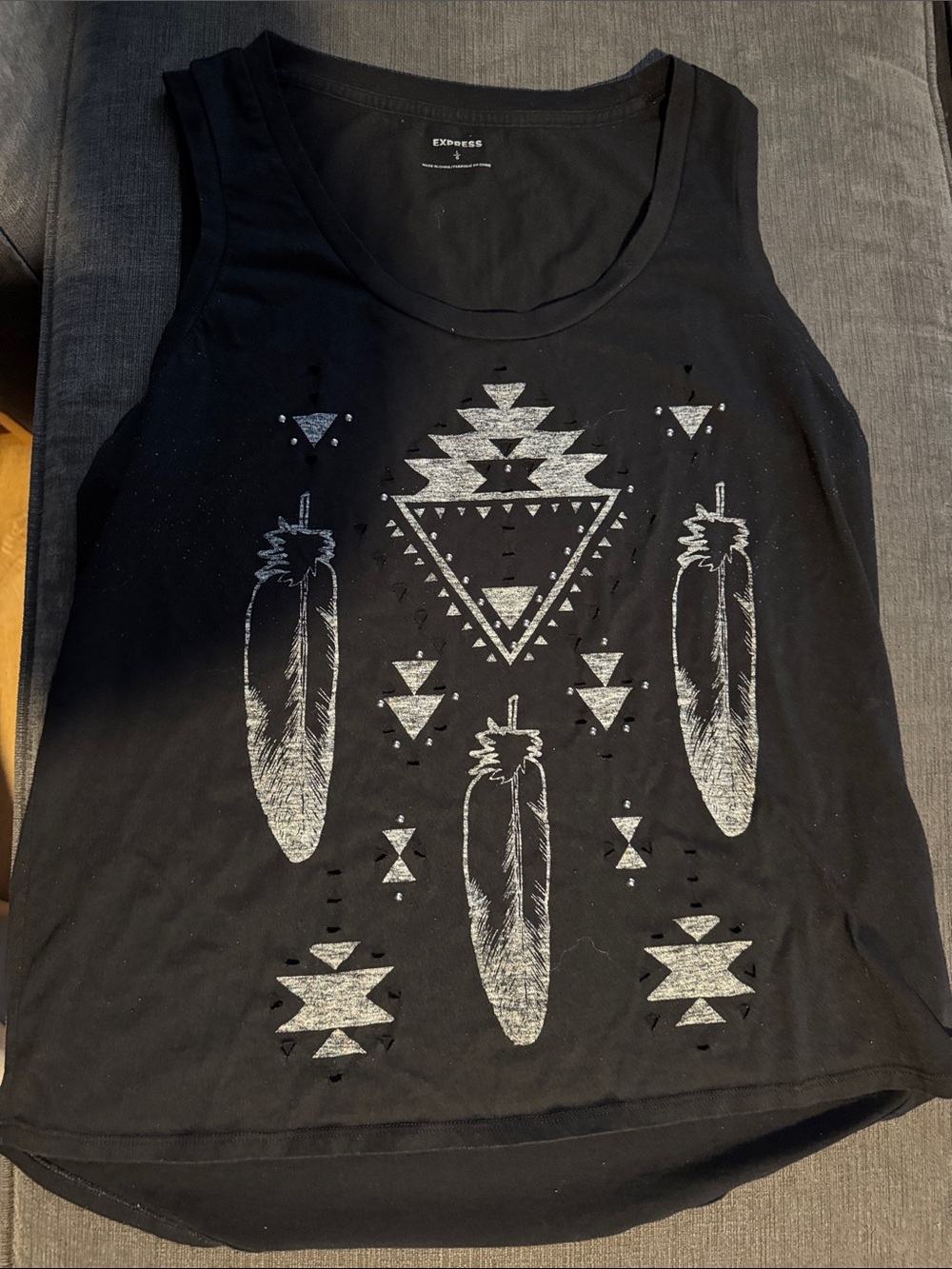 Express Black Tank with Silver Aztec Feather Graphic